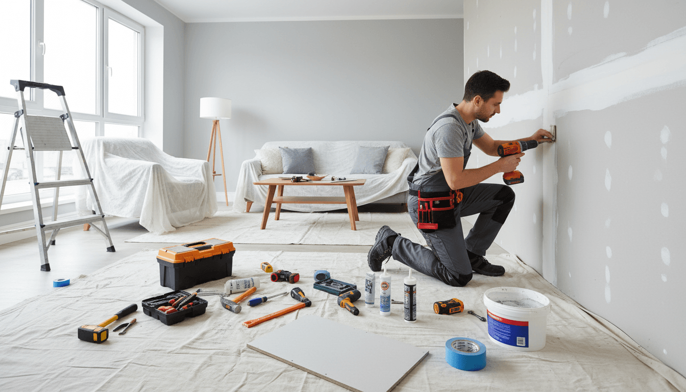 Profissional realizando reparos em casa com ferramentas e materiais organizados.