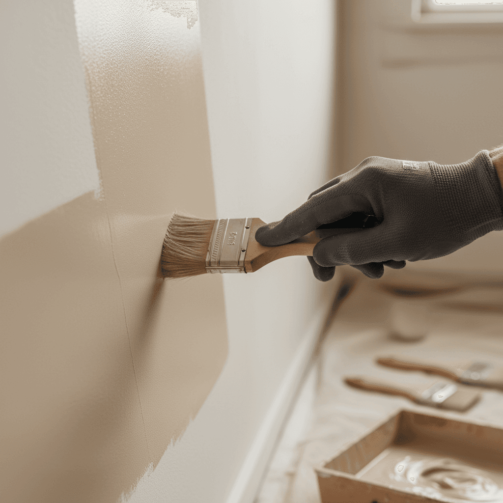 Professional painter's gloved hand applying smooth paint stroke to prepared interior wall using eco-friendly paint and quality brush